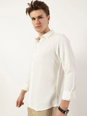 White Premium Spread Collar Long Sleevevs Textured Slim Fit Casual Shirt For Men