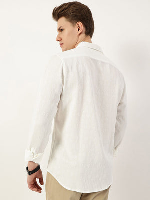 White Premium Spread Collar Long Sleevevs Textured Slim Fit Casual Shirt For Men