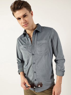 Grey Classic Slim Fit Textured Solid Casual Shirt For Men