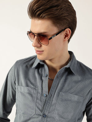 Grey Classic Slim Fit Textured Solid Casual Shirt For Men