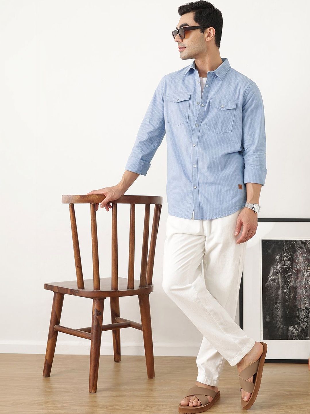 Blue Premium Slim Fit Long Sleeves Spread Collar Pinstripes Cotton Linen Casual Shirt For Men