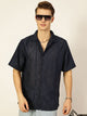 Navy Premium Oversized Short Sleeves Spread Collar Textured Casual Shirt For Men