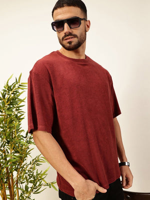 Red Oversized Short Sleeves Towel Terry Round Neck Knitted T-shirt For Men