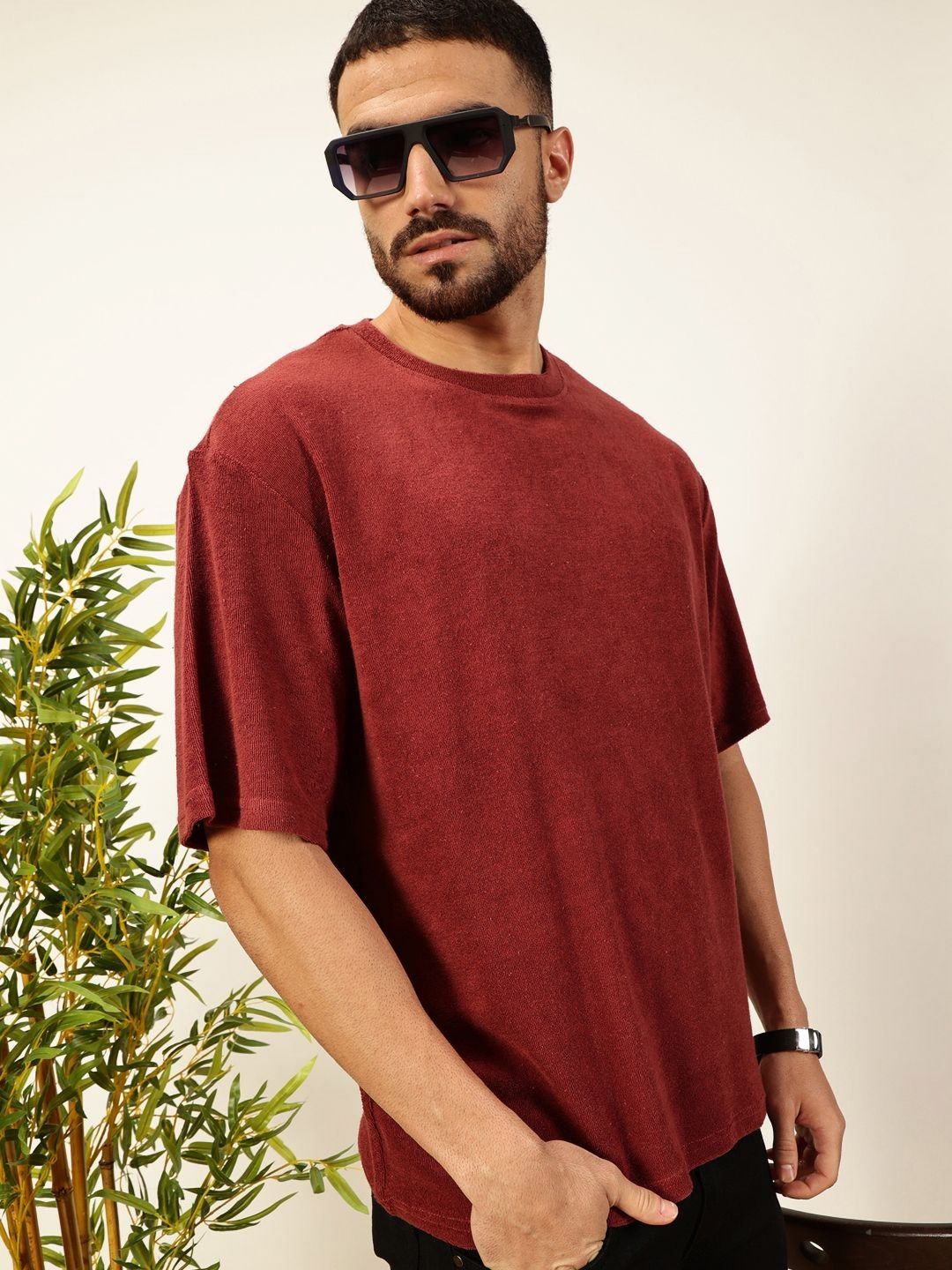 Red Oversized Short Sleeves Towel Terry Round Neck Knitted T-shirt For Men