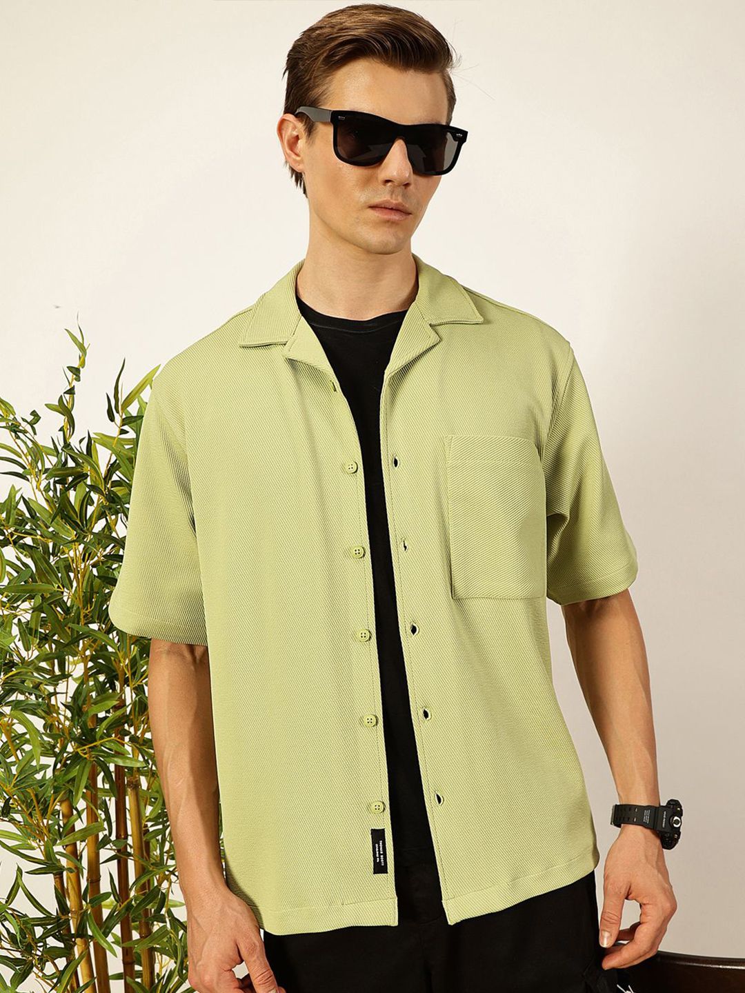 Pista Premium Short Sleeves Regular Fit Cuban Collar Textured Cotton Casual Shirt For Men