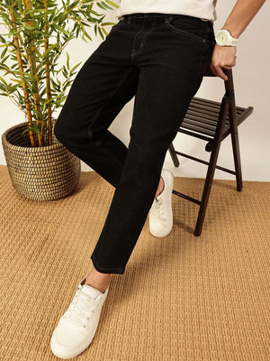 Black Smart Tapered Fit Mid-Rise Clean Look Cropped Stretchable Jeans For Men