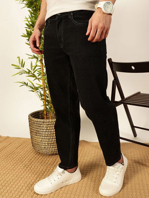 Black Smart Tapered Fit Mid-Rise Clean Look Cropped Stretchable Jeans For Men