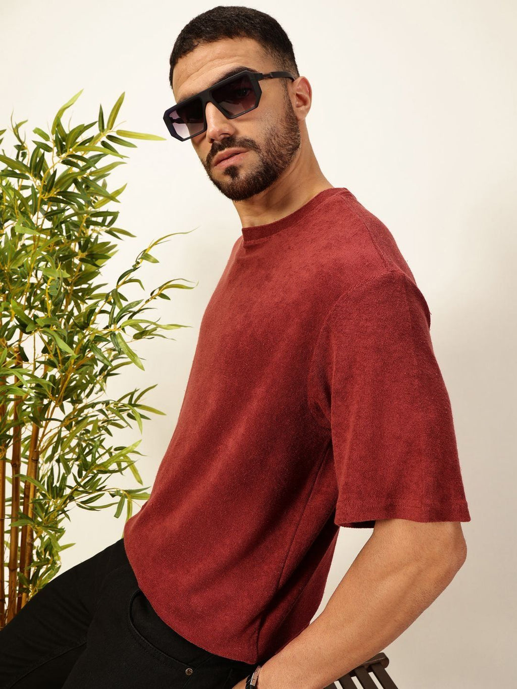 Red Oversized Short Sleeves Towel Terry Round Neck Knitted T-shirt For Men