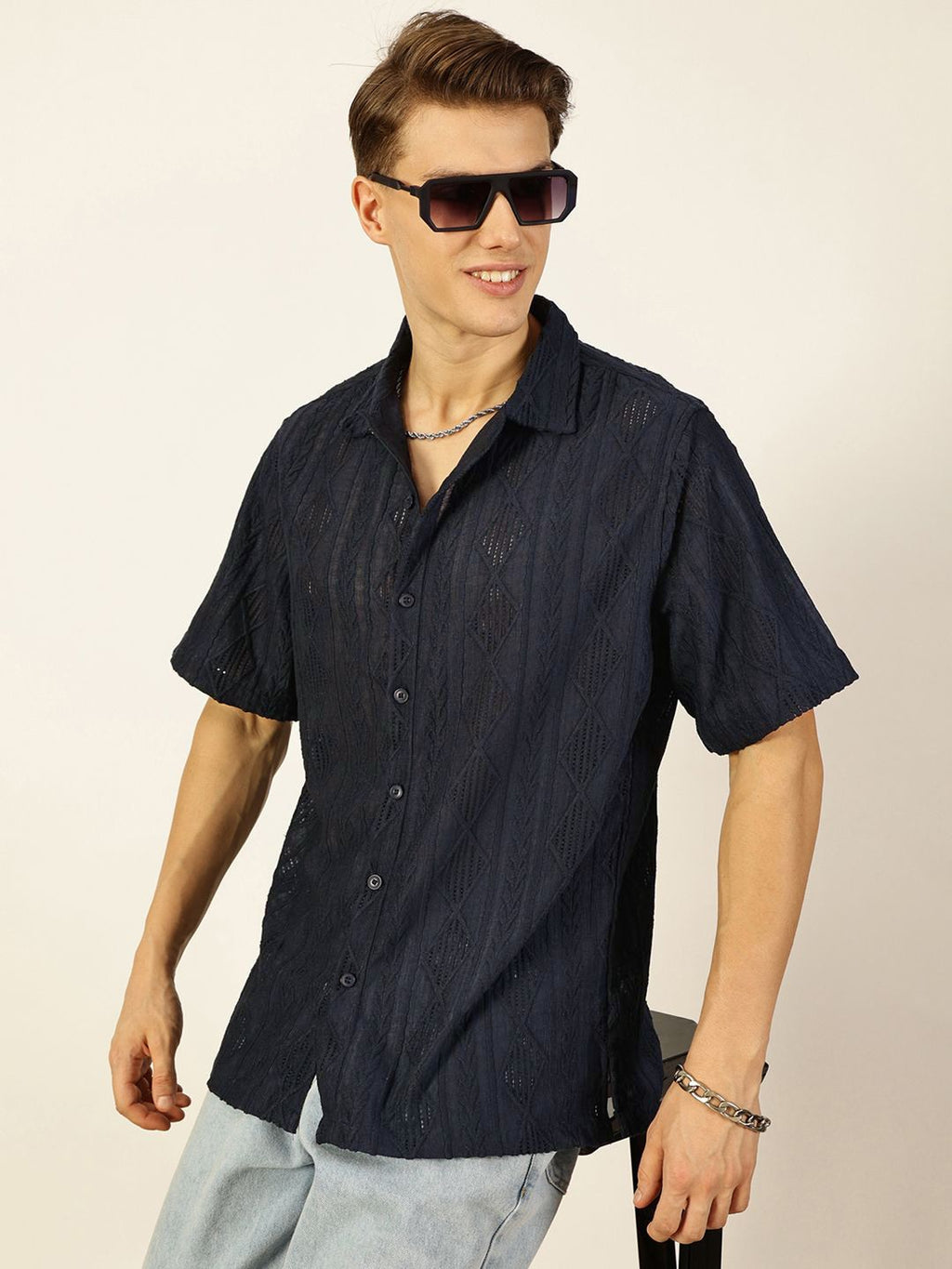 Navy Premium Oversized Short Sleeves Spread Collar Textured Casual Shirt For Men